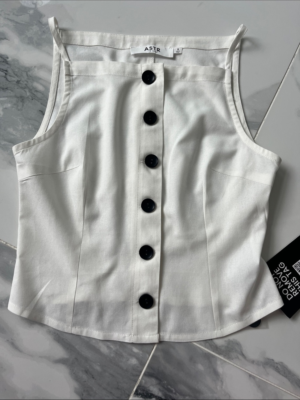 Astr White Cropped Button-Front Tank with Black Buttons